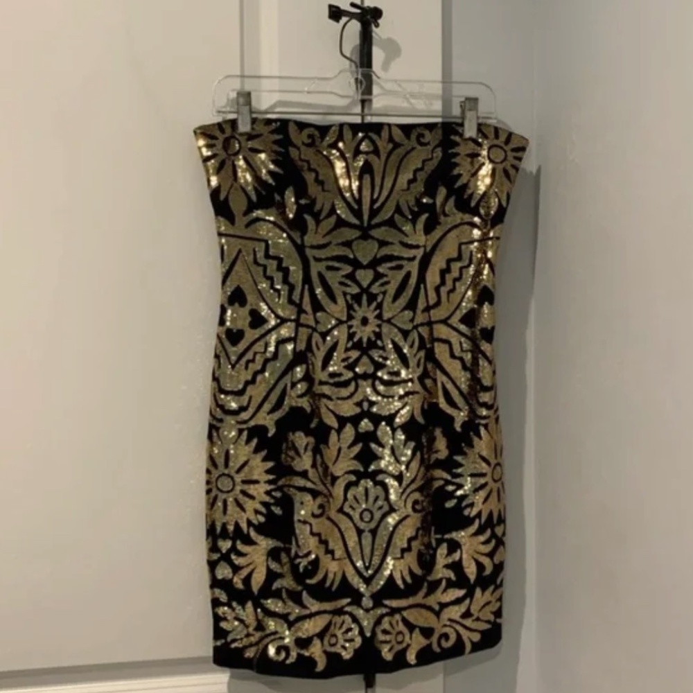 MOSCHINO Gold Black Sequin Damask Strapless Mini Dress 6